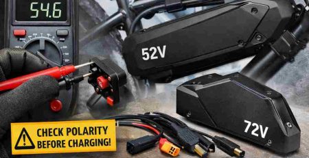 Cover for an eBike Battery Parts Compatibility Guide, featuring battery packs, cables, a voltmeter, and a checklist above a snowy backdrop.