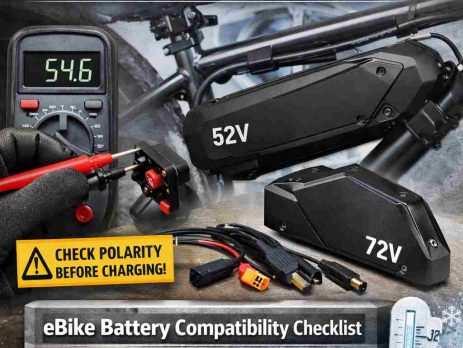 Cover for an eBike Battery Parts Compatibility Guide, featuring battery packs, cables, a voltmeter, and a checklist above a snowy backdrop.