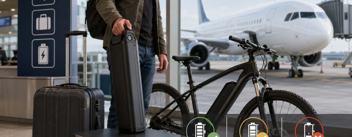 Traveler at an airport with an electric bike illustrating can you take an ebike battery on a plane and airline watt-hour limits