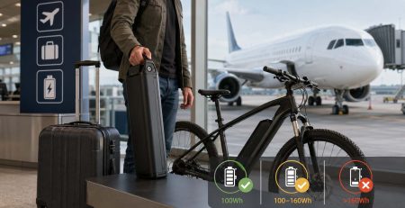 Traveler at an airport with an electric bike illustrating can you take an ebike battery on a plane and airline watt-hour limits