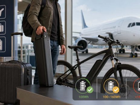 Traveler at an airport with an electric bike illustrating can you take an ebike battery on a plane and airline watt-hour limits