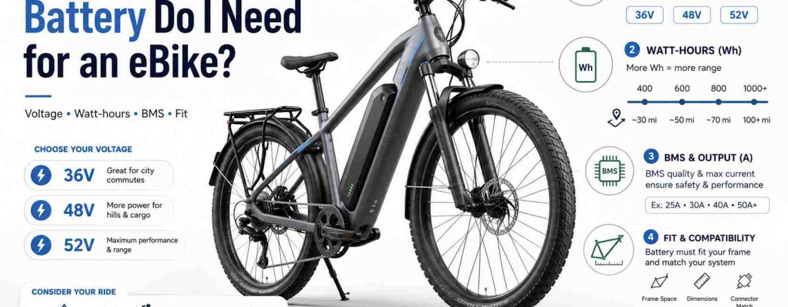 A comprehensive infographic explaining what size battery do I need for an ebike, featuring an electric bicycle and specification charts.