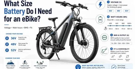 A comprehensive infographic explaining what size battery do I need for an ebike, featuring an electric bicycle and specification charts.