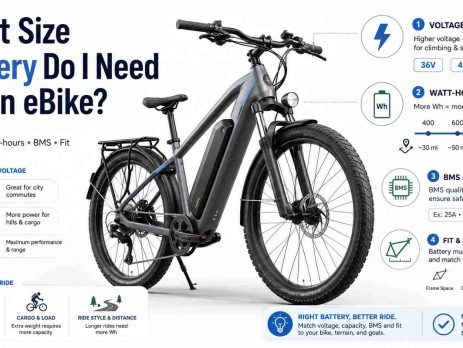 A comprehensive infographic explaining what size battery do I need for an ebike, featuring an electric bicycle and specification charts.