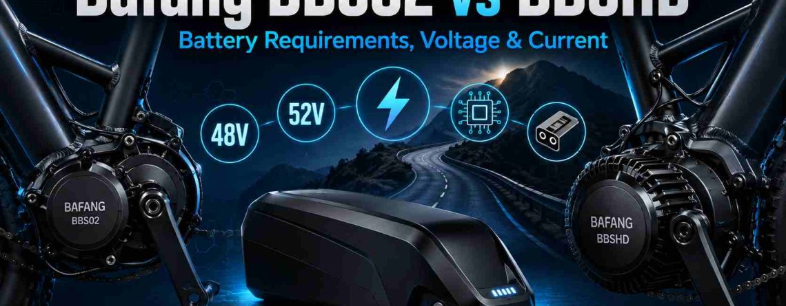 Bafang BBS02 vs BBSHD battery setup showing a mid-drive motor connected to a high-discharge lithium pack