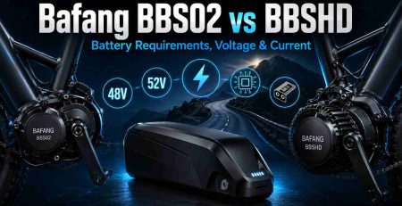 Bafang BBS02 vs BBSHD battery setup showing a mid-drive motor connected to a high-discharge lithium pack