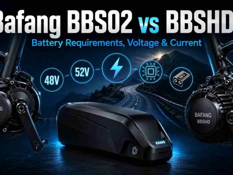 Bafang BBS02 vs BBSHD battery setup showing a mid-drive motor connected to a high-discharge lithium pack