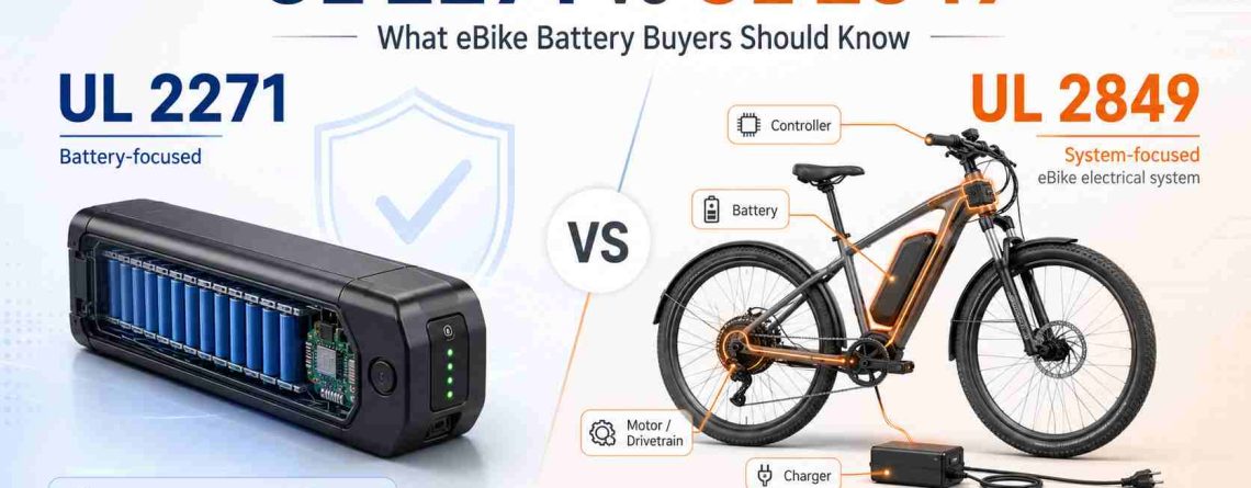 Side-by-side comparison showing UL 2271 covering only the eBike battery versus UL 2849 covering the complete electrical system.