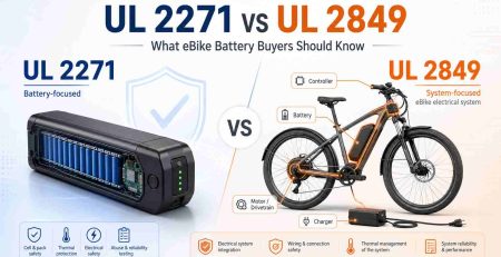 Side-by-side comparison showing UL 2271 covering only the eBike battery versus UL 2849 covering the complete electrical system.