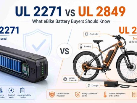 Side-by-side comparison showing UL 2271 covering only the eBike battery versus UL 2849 covering the complete electrical system.