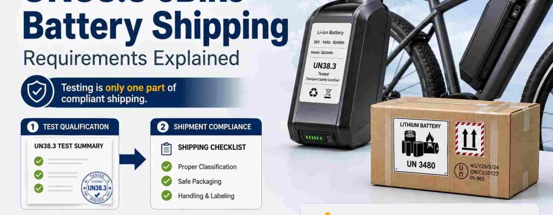 UN38.3 eBike battery shipping requirements infographic showing a battery, a compliant UN3480 shipping box, and the checklist from test qualification to shipment compliance.
