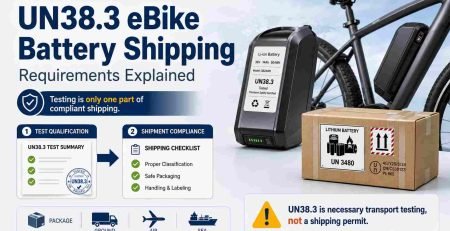 UN38.3 eBike battery shipping requirements infographic showing a battery, a compliant UN3480 shipping box, and the checklist from test qualification to shipment compliance.