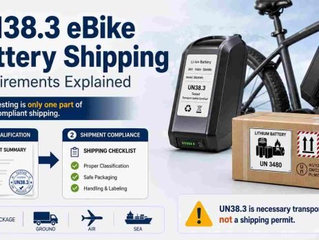 UN38.3 eBike battery shipping requirements infographic showing a battery, a compliant UN3480 shipping box, and the checklist from test qualification to shipment compliance.