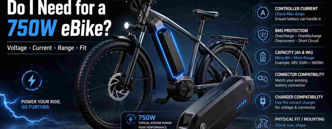 An EM3ev infographic guide titled "What Battery Do I Need for a 750W eBike?", illustrating a black electric bike and a replacement battery pack alongside key compatibility factors like 48V or 52V voltage matching, controller current, capacity, and physical fit.