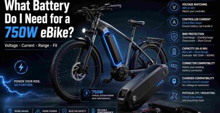 An EM3ev infographic guide titled "What Battery Do I Need for a 750W eBike?", illustrating a black electric bike and a replacement battery pack alongside key compatibility factors like 48V or 52V voltage matching, controller current, capacity, and physical fit.