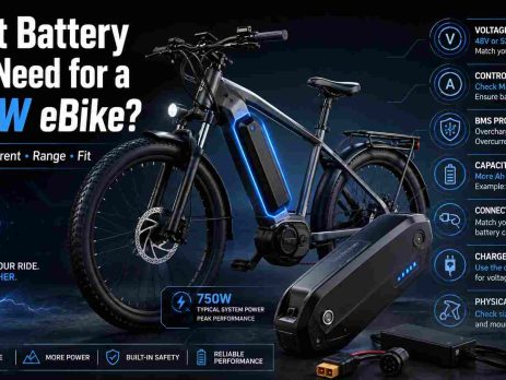 An EM3ev infographic guide titled "What Battery Do I Need for a 750W eBike?", illustrating a black electric bike and a replacement battery pack alongside key compatibility factors like 48V or 52V voltage matching, controller current, capacity, and physical fit.