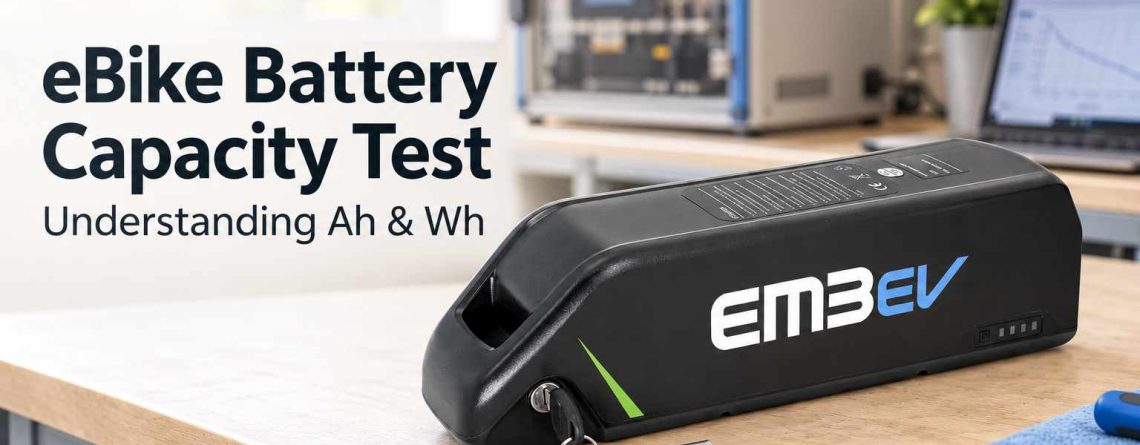 EM3ev eBike battery on a workbench with capacity testing equipment in the background