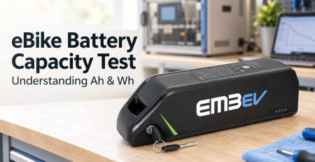 EM3ev eBike battery on a workbench with capacity testing equipment in the background