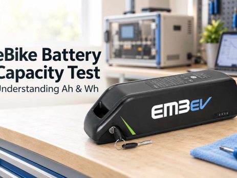 EM3ev eBike battery on a workbench with capacity testing equipment in the background